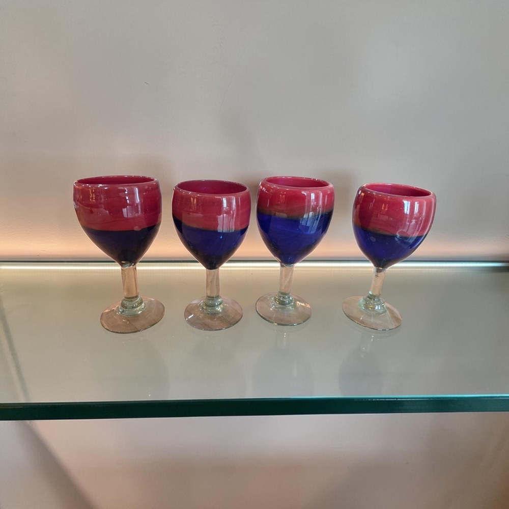 VTG Mexican Hand Blown Glass Wine Goblets Cobalt Blue Set 4 Electric Boho Artsy